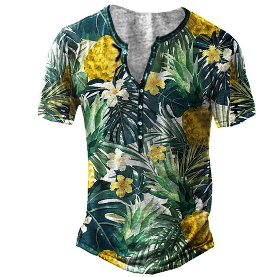 

Men's Hawaiian Pineapple Tropical Plant Print Henley Collar T-Shirt