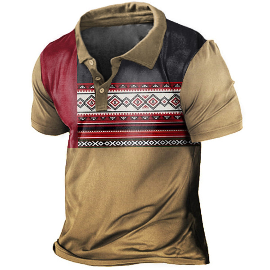 

Men's Ethnic Geometric Patchwork Print Polo T-Shirt