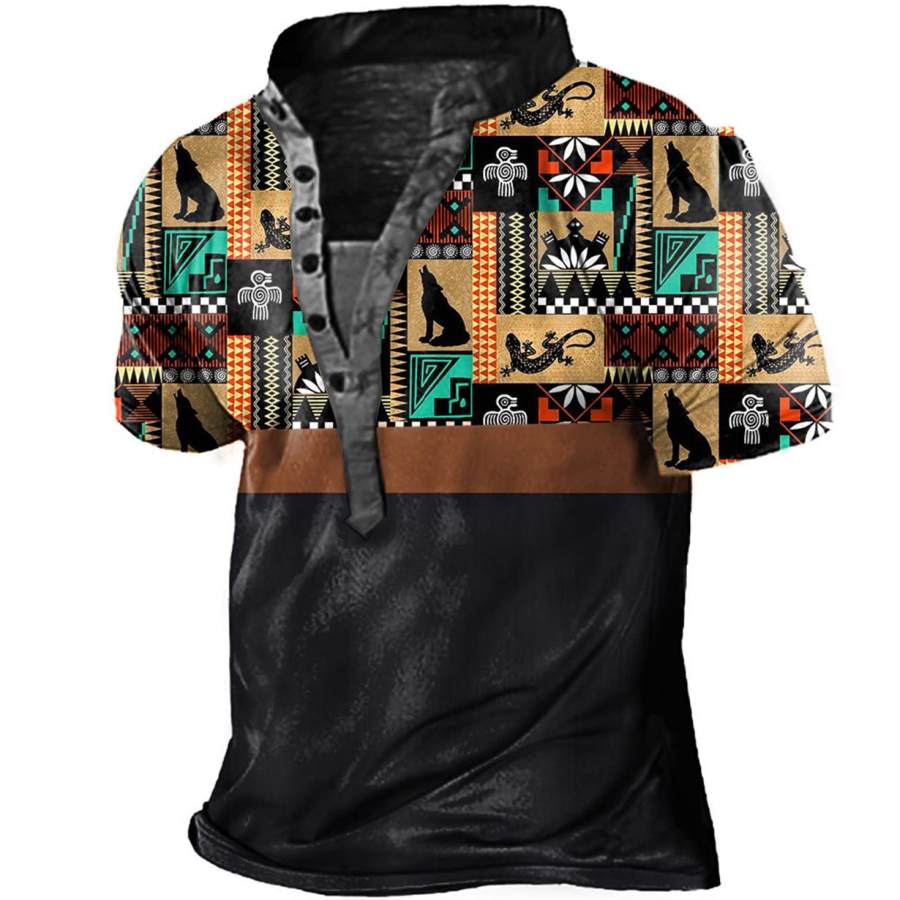 

Men's Ethnic Animals Geometric Print Henley T-Shirt