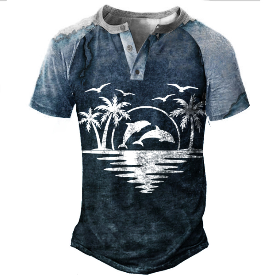 

Dolphin Palm Tree Sunset Print Men Henley Short Sleeve T-Shirt