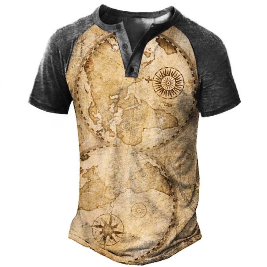 

Old World Map Print Men Henley Short Sleeve T-Shirt