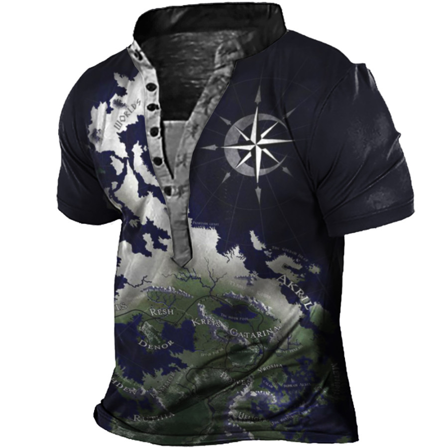

Men's Vintage World Map Compass Print Henley Collar T-Shirt