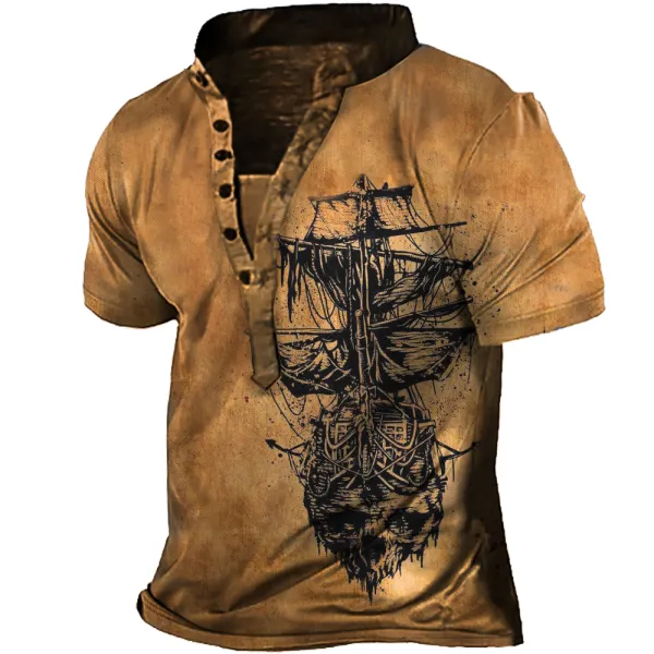 Men's Vintage Pirate Sailboat Print Henley Collar T-Shirt - Kalesafe.com 