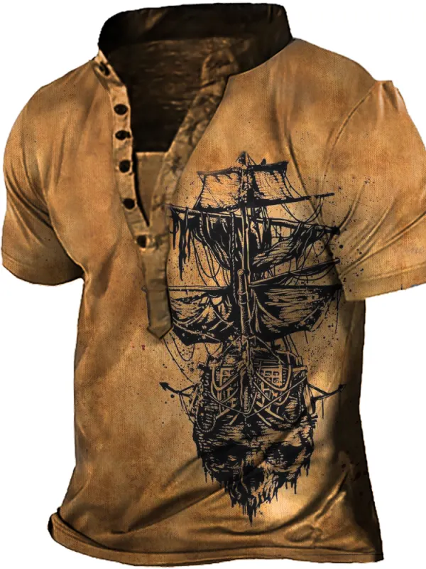 Men's Vintage Pirate Sailboat Print Henley Collar T-Shirt - Oasisjoy.com 