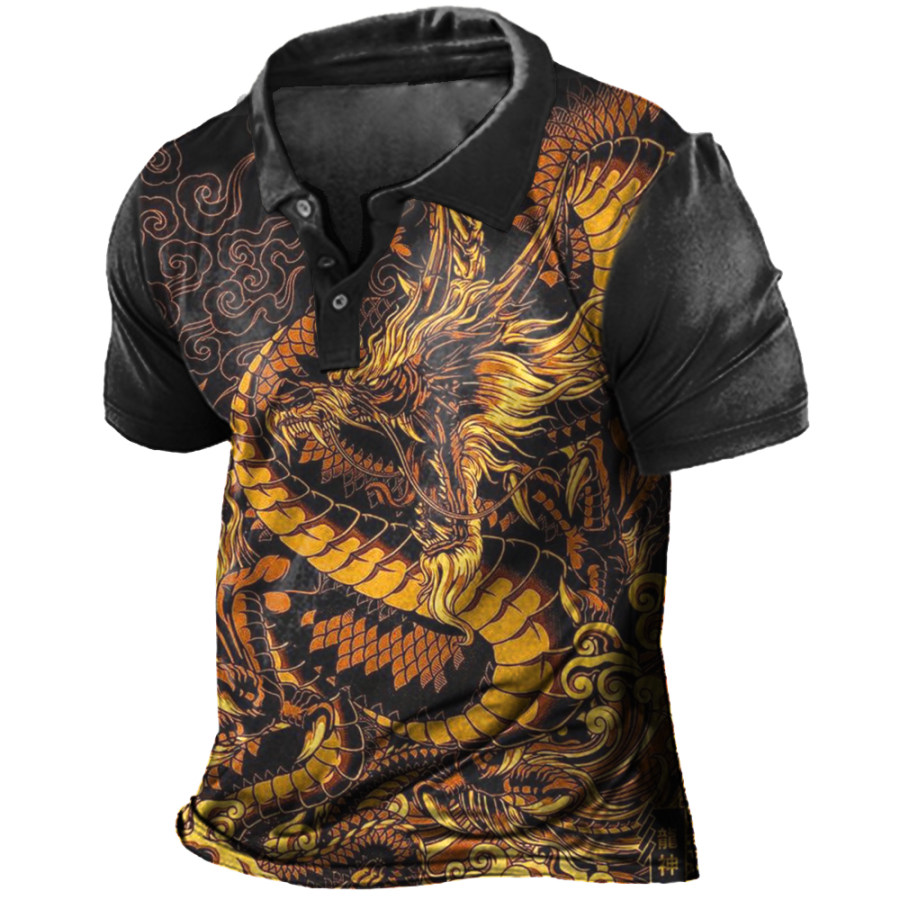 

Men's Vintage Chinese Dragon Print Polo T-Shirt