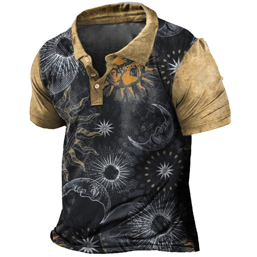 

Men's Vintage Sun Moon Print Polo T-Shirt