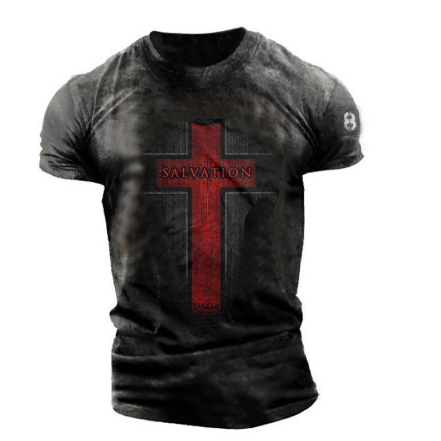 

Round Neck Pullover Mens Cross Print T-shirt