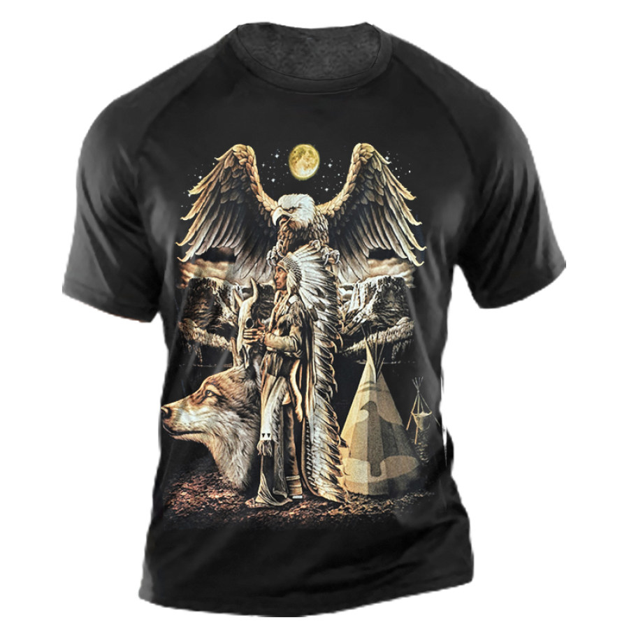 

Men's Indian Head Wolf Totem Eagle Graphic Print T-shirt