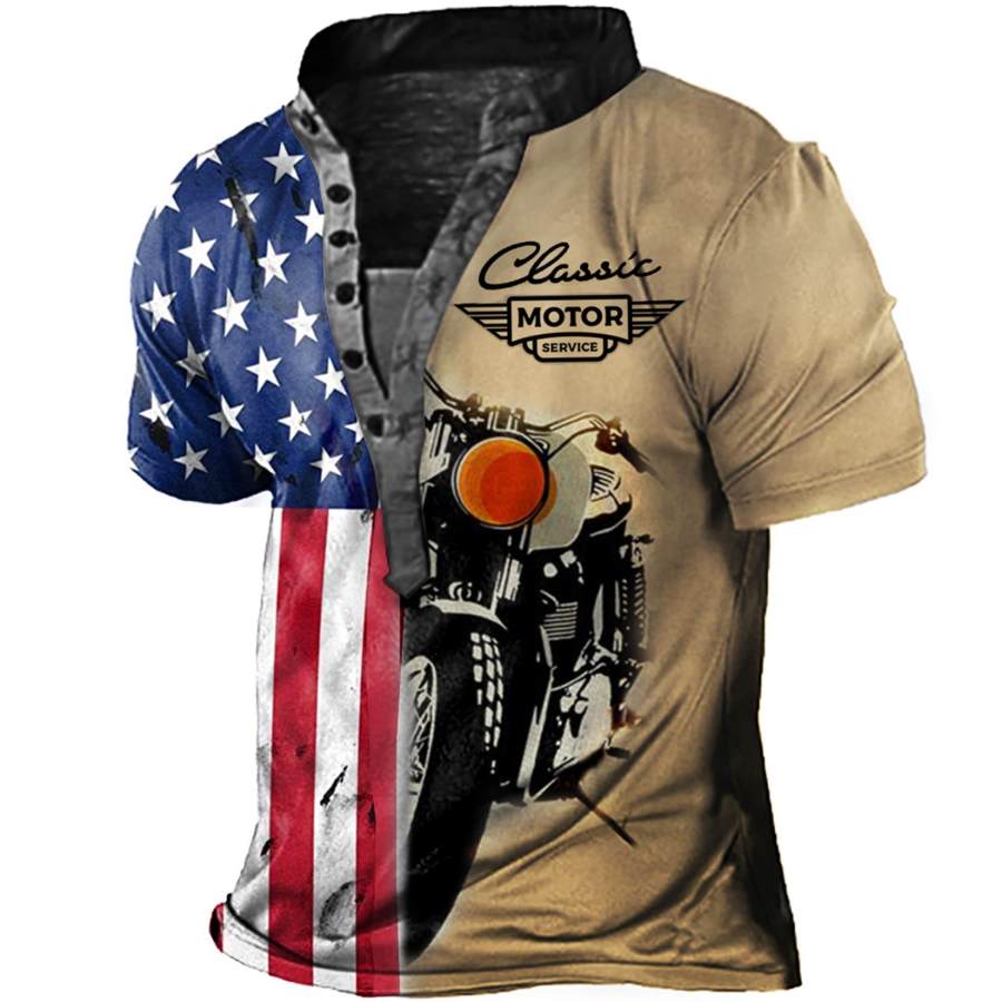 

Men's Outdoor American Flag Motorcycle Print Henley T-Shirt