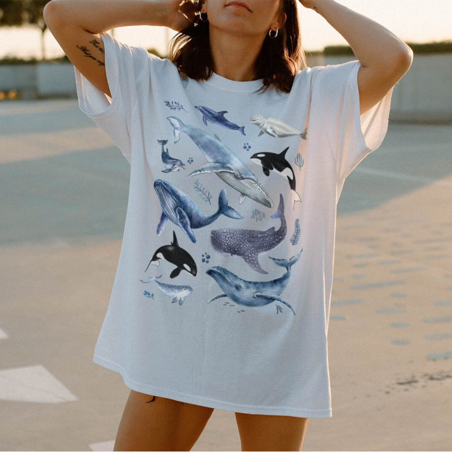 

Women's Watercolor Whale Marine Life Print Loose T-Shirt