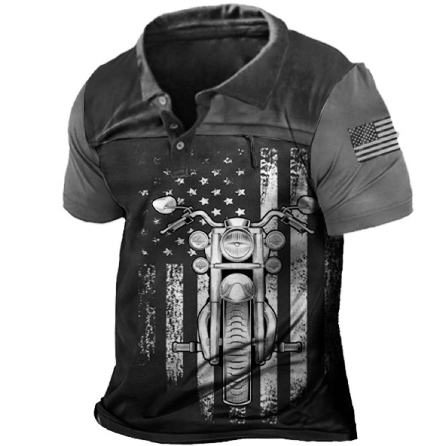 

Vintage Motorcycle American Flag Print Men Outdoor Zip Pocket Tactical T-Shirt