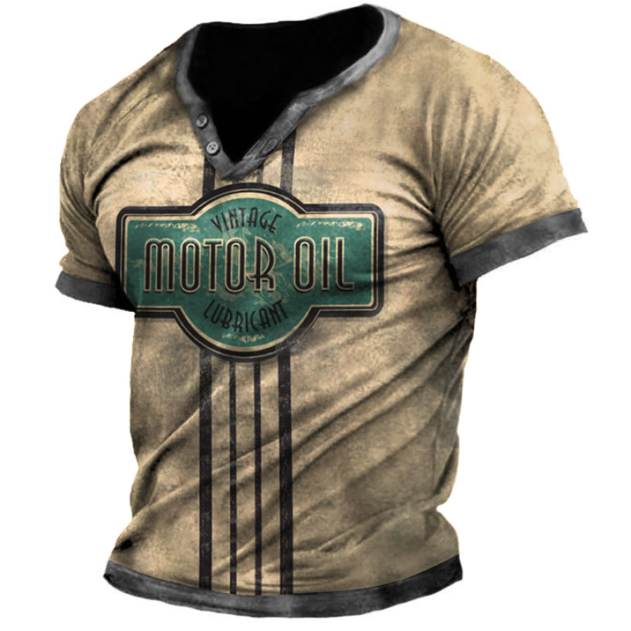 

Vintage Motorcycle Oil Print Men's Henley Short Sleeve T-Shirt