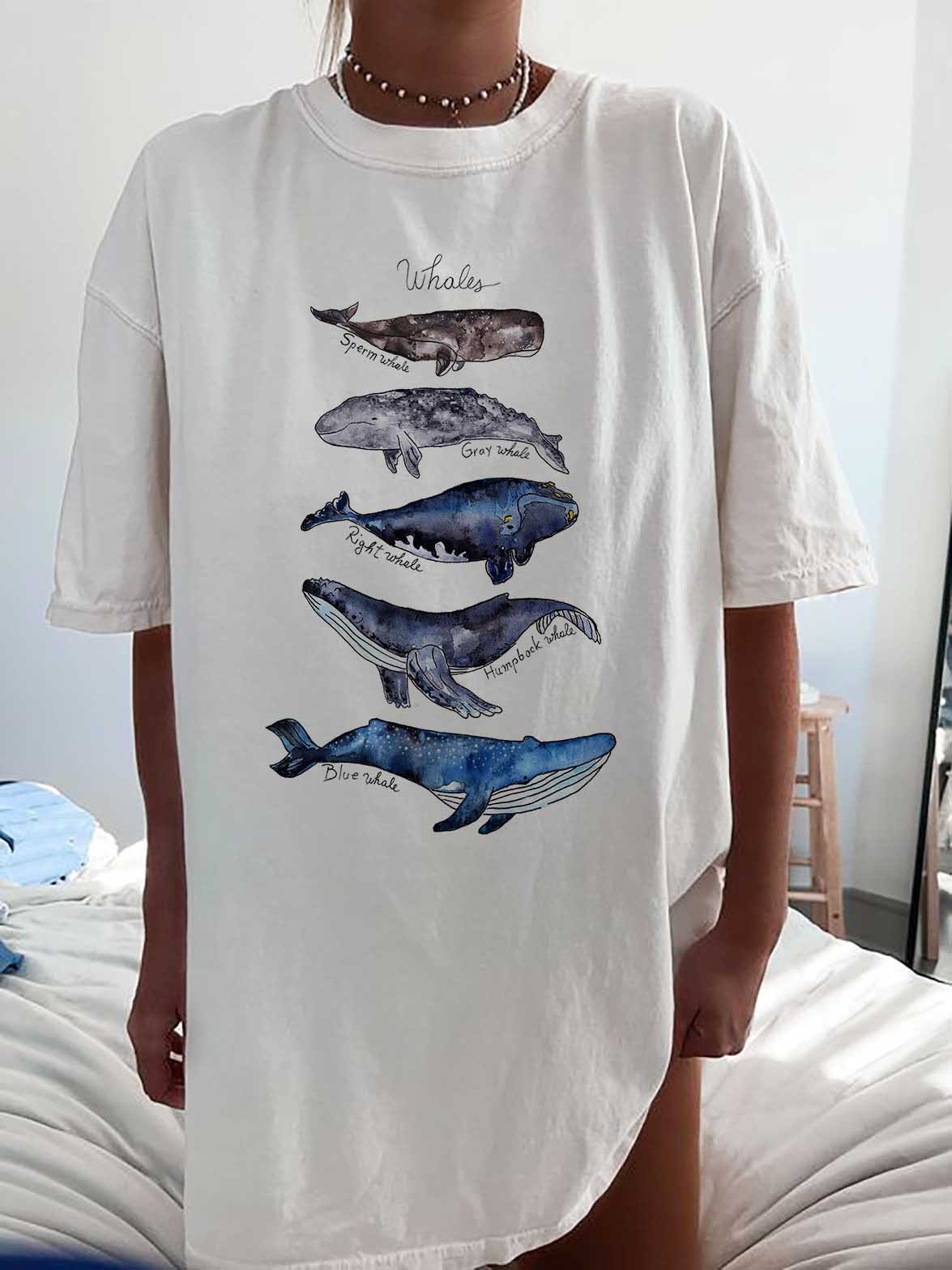 Women's Watercolor Whales Marine Chic Life Print Loose T-shirt