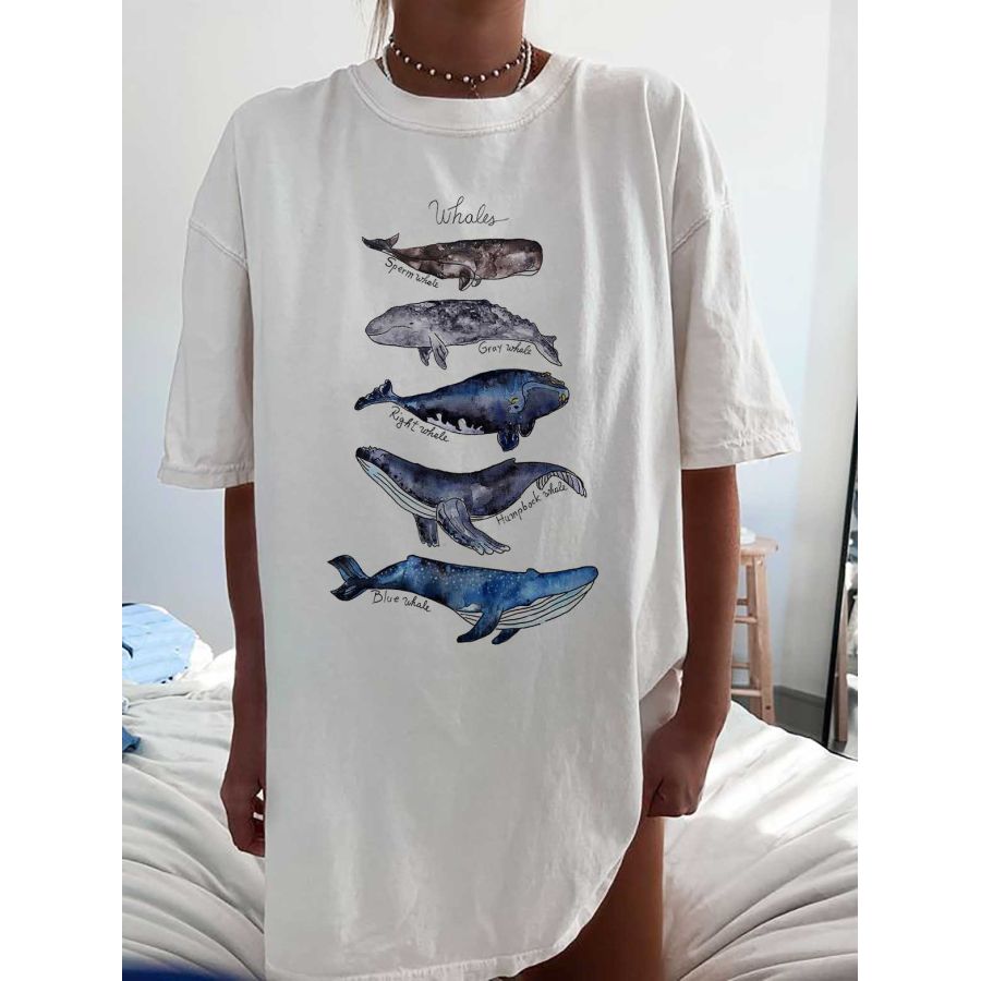 

Women's Watercolor Whales Marine Life Print Loose T-Shirt
