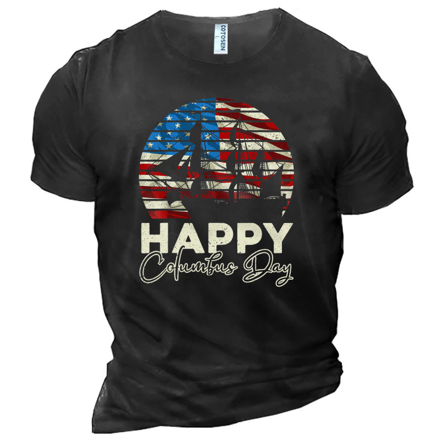 

Men's Happy Columbus Day Print Cotton T-Shirt