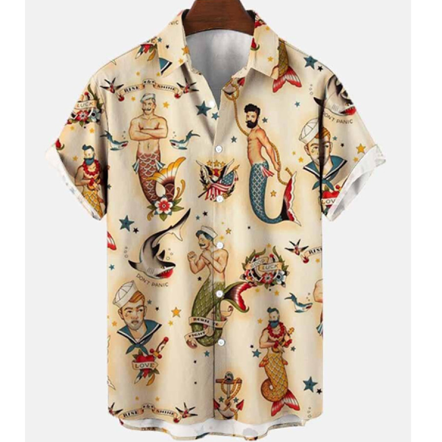 

Men's Vintage Mermaid Print Casual Breathable Short Sleeve Hawaiian Shirt