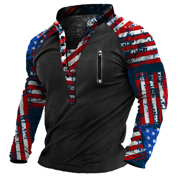Men's Outdoor American Flag Print Chic Henley Collar Long Sleeve T-shirt
