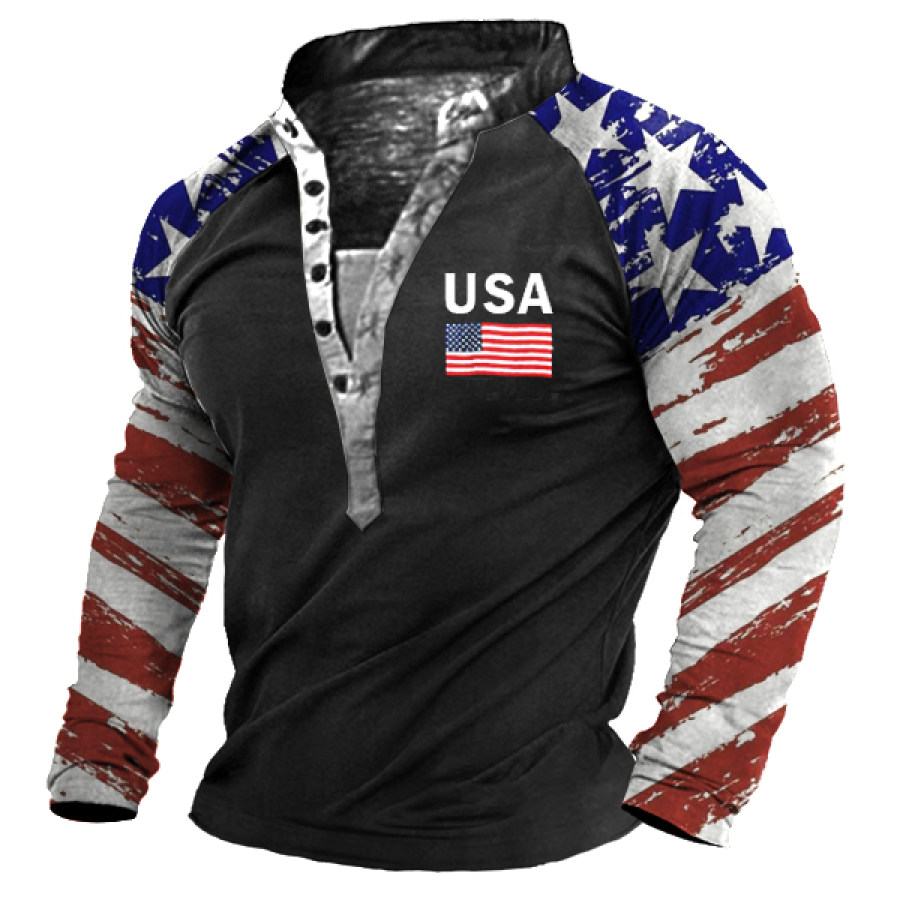 

Men's Outdoor American Flag Print Henley Collar Long Sleeve T-Shirt