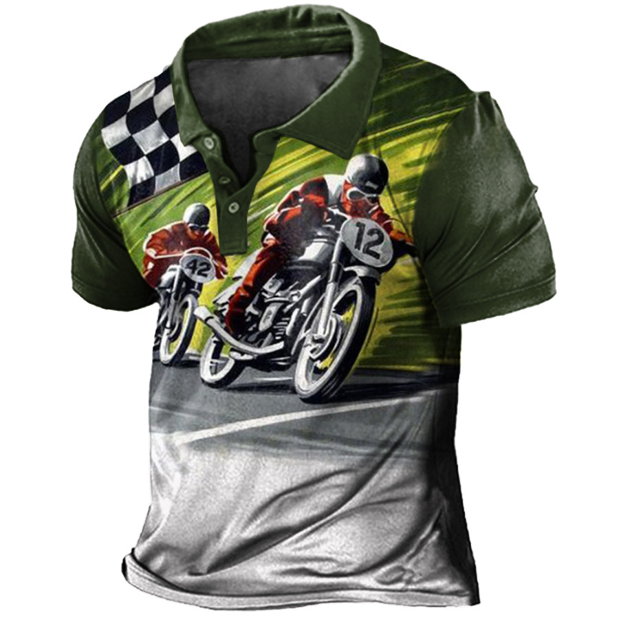

Men's Vintage Motorcycle Race Print Polo Neck T-Shirt