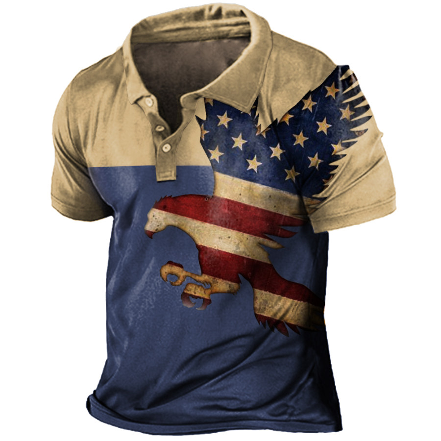 

Men's Vintage American Flag Eagle Print Polo T-Shirt