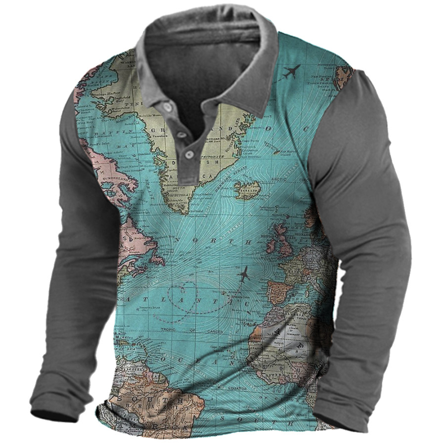 

Men's Vintage World Map Print Polo Neck Long Sleeve T-Shirt