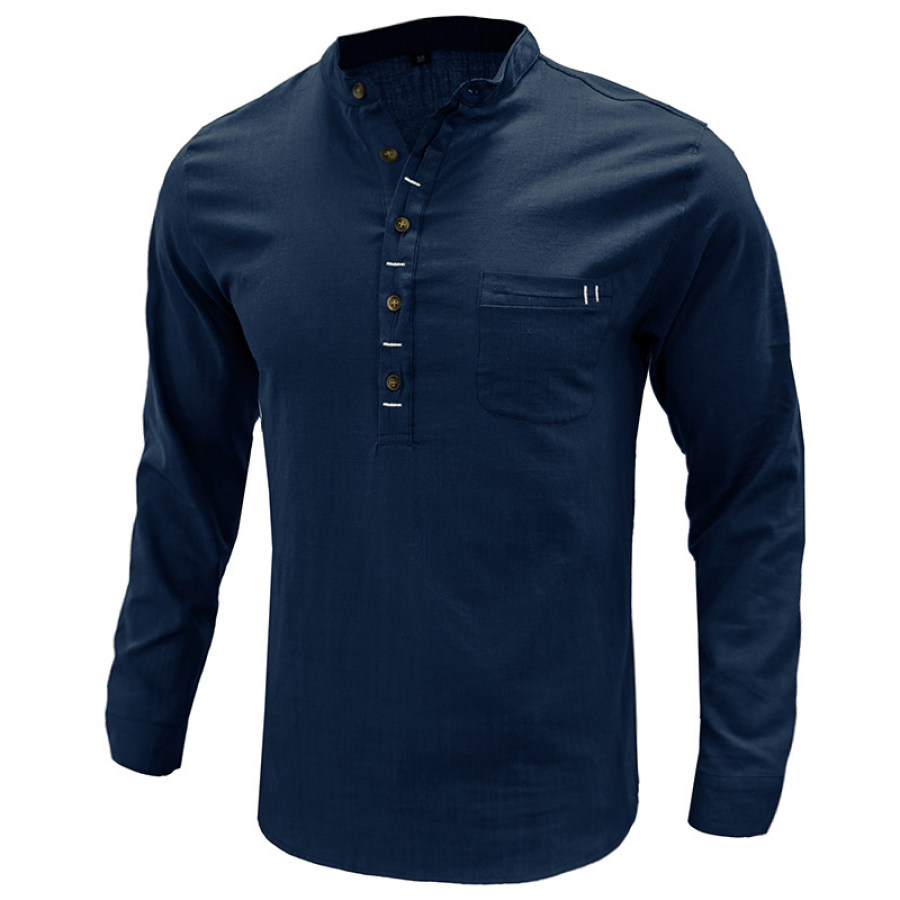

Men's Linen Pocket Collar Casual Solid Henley Shirt