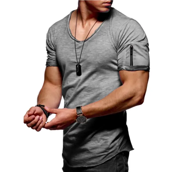 Men's Cuff Zipper Pocket Color Cotton Breathable T-Shirt - Cotosen.com 
