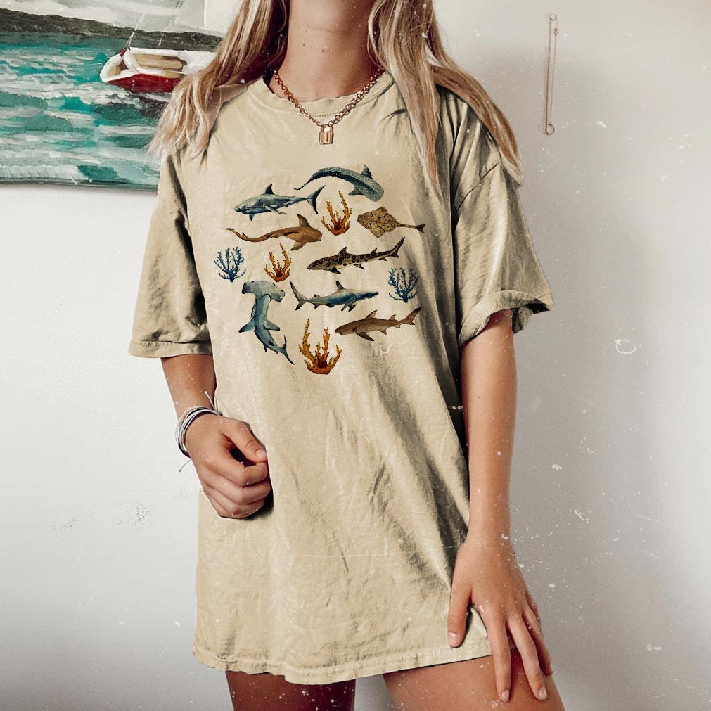 Women's Shark Ocean Watercolor Print Chic Loose T-shirt