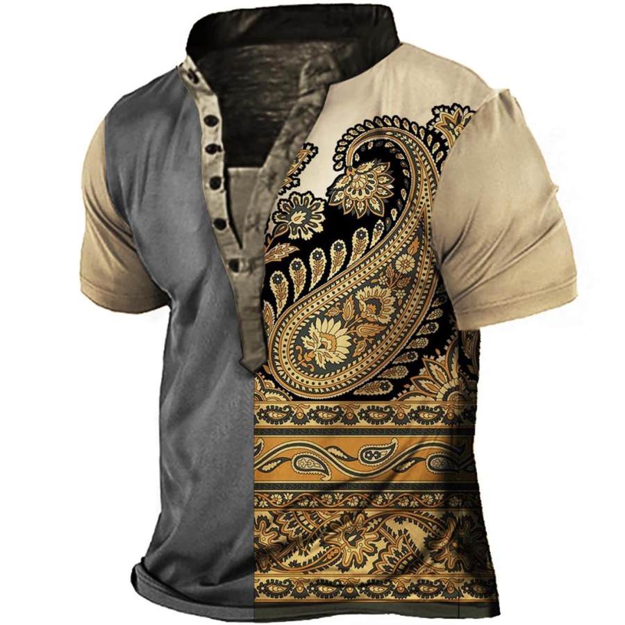 

Men's Vintage Paisley Print Henley T-Shirt