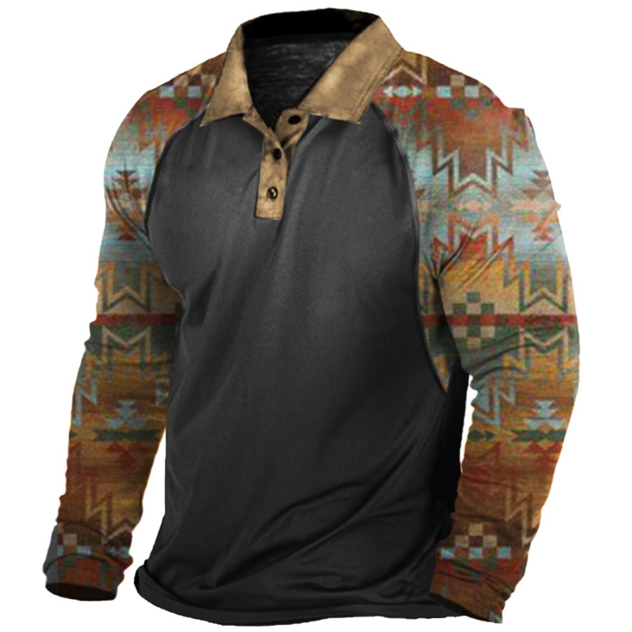 

Men's Vintage Western Totem Print Polo Neck Long Sleeve T-Shirt