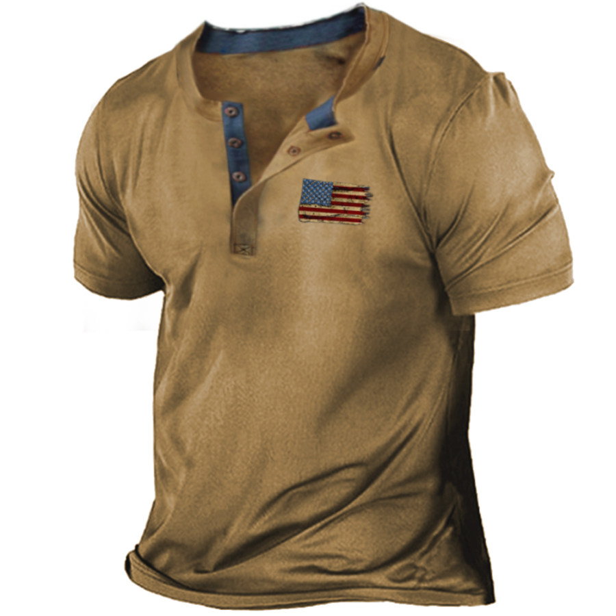 

Men's American Flag Vintage Henley Collar T-Shirt