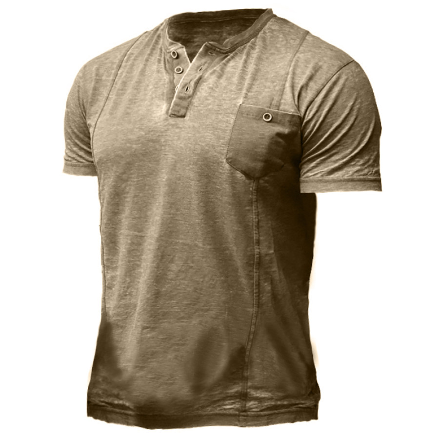 

Men's Vintage Patchwork Pocket Henley Collar T-Shirt