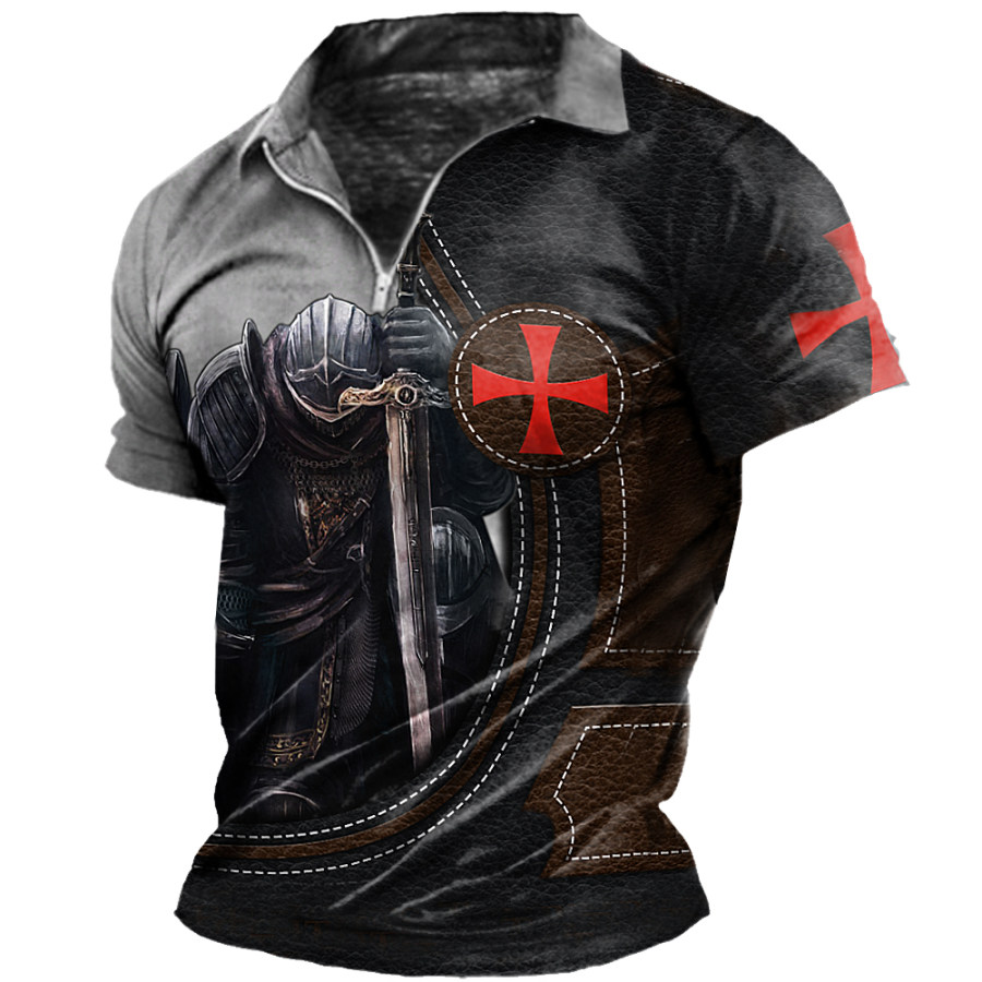 

Men's Vintage Templar Jesus Cross Print Zip-Neck T-Shirt