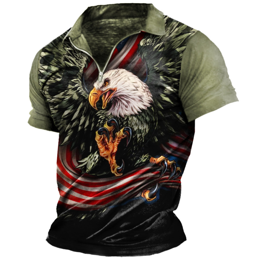 

Men's American Flag Eagle Zip Polo Neck T-Shirt