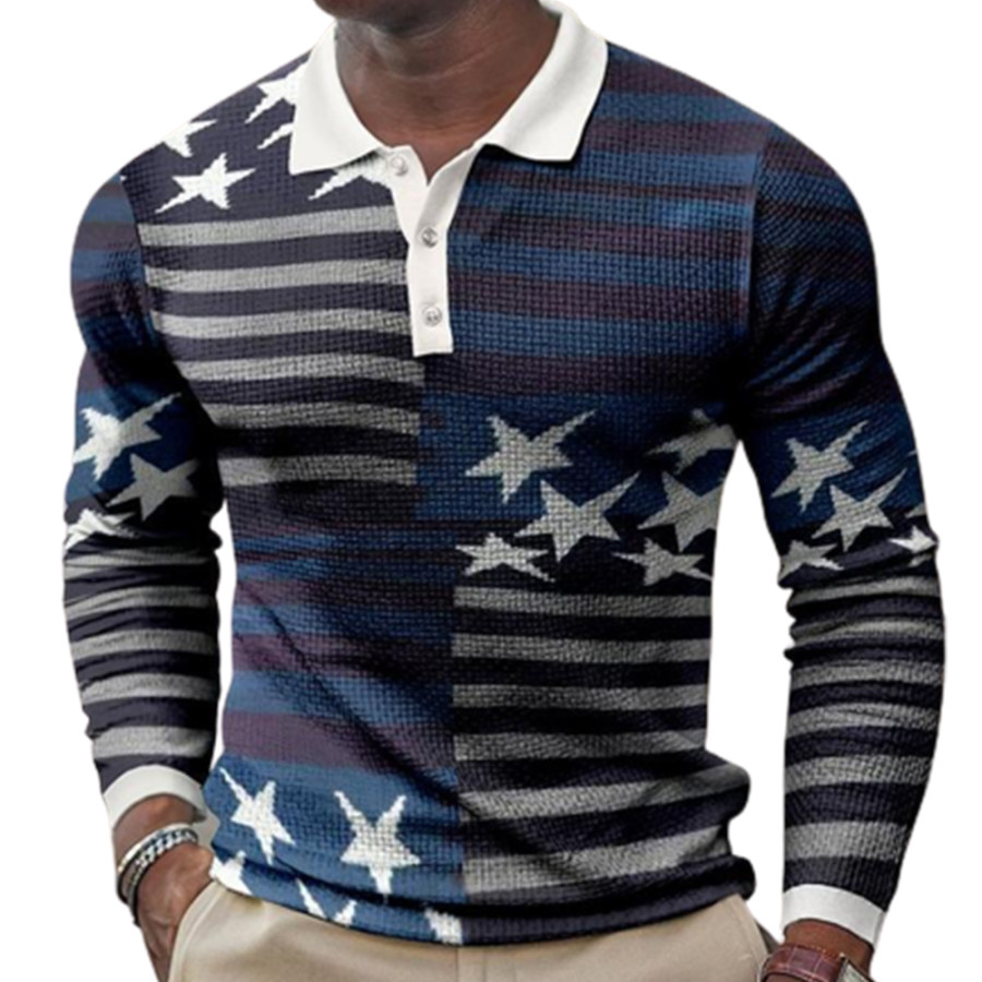 

Men's American Flag Stars Print Long Sleeve Polo Neck Long Sleeve T-Shirt
