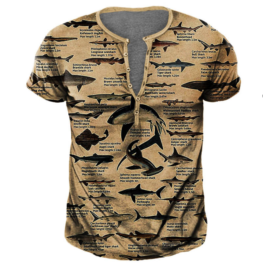 

Men's Vintage Types Of Shark Animal Print Henley T-Shirt