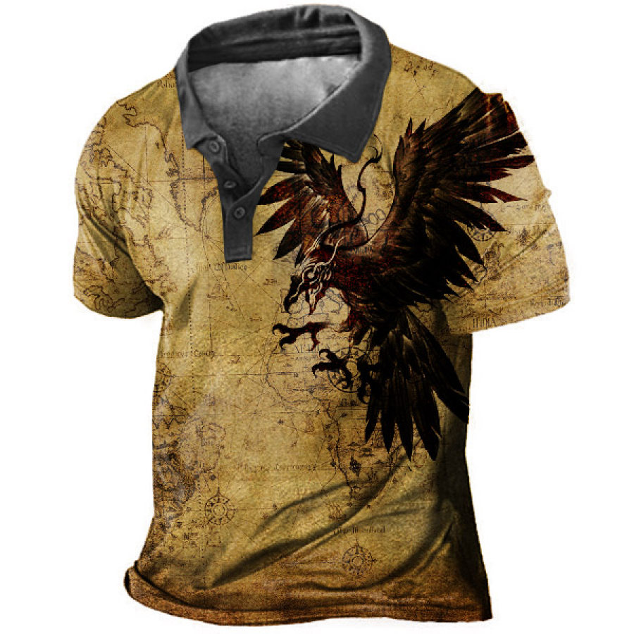 

Men's Vintage World Map Eagle Print Polo T-Shirt