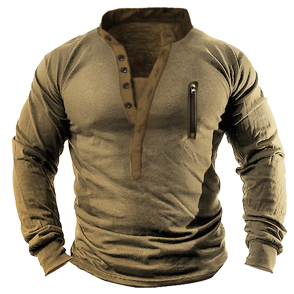 Men's Outdoor Zip Retro Print Chic Tactical Heney Long Sleeve T-shirt
