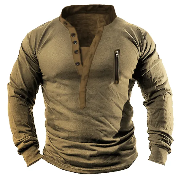 Men's Outdoor Zip Retro Print Tactical Heney Long Sleeve T-Shirt - Kalesafe.com 