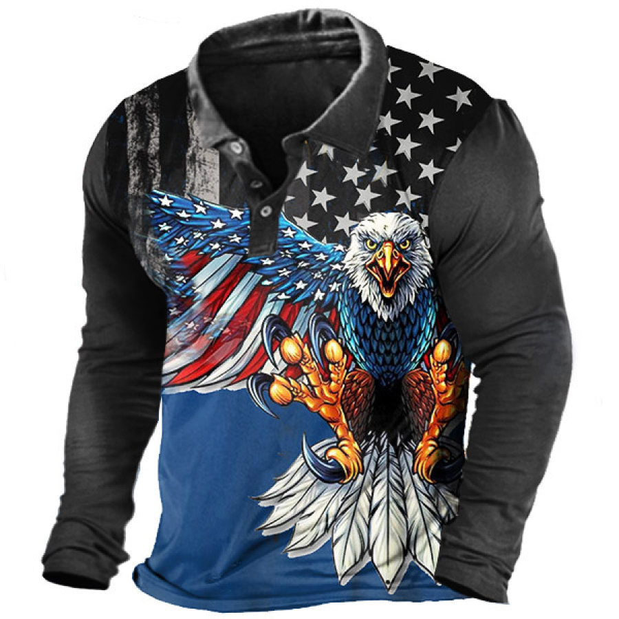 

Vintage American Flag Liberty Eagle Print Men's Polo Long Sleeve T-Shirt