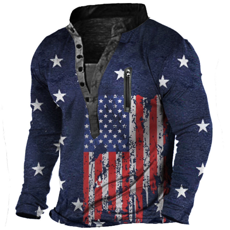 

American Flag Print Men's Outdoor Zip Retro Tactical Henley Long Sleeve T-Shirt