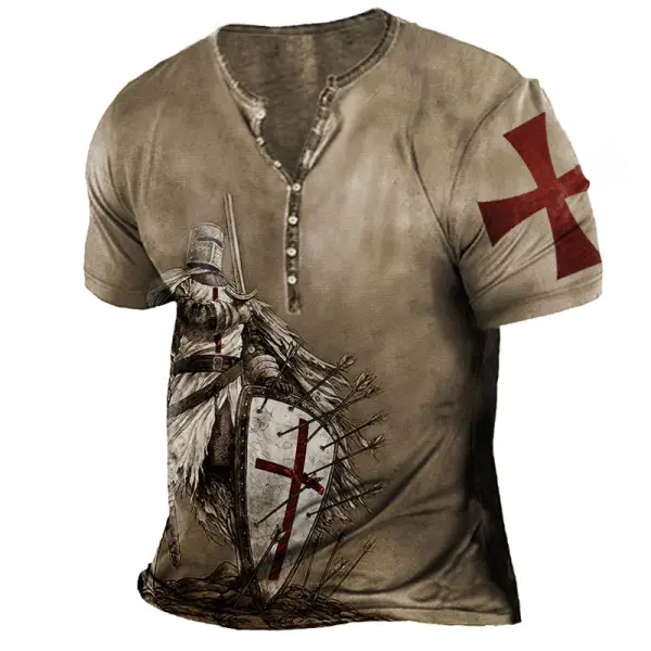 Men's Vintage Templar Graphic Print Henry T-Shirt - Sanhive.com 