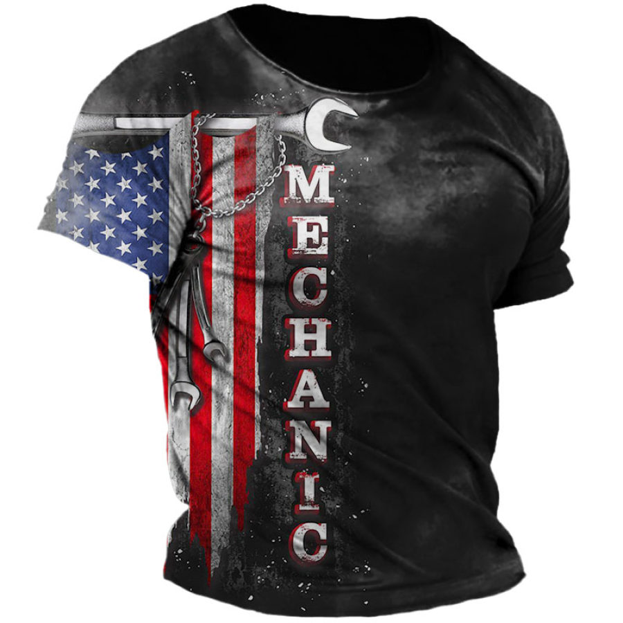 

Men's Vintage Mechanic American Flag Print T-Shirt