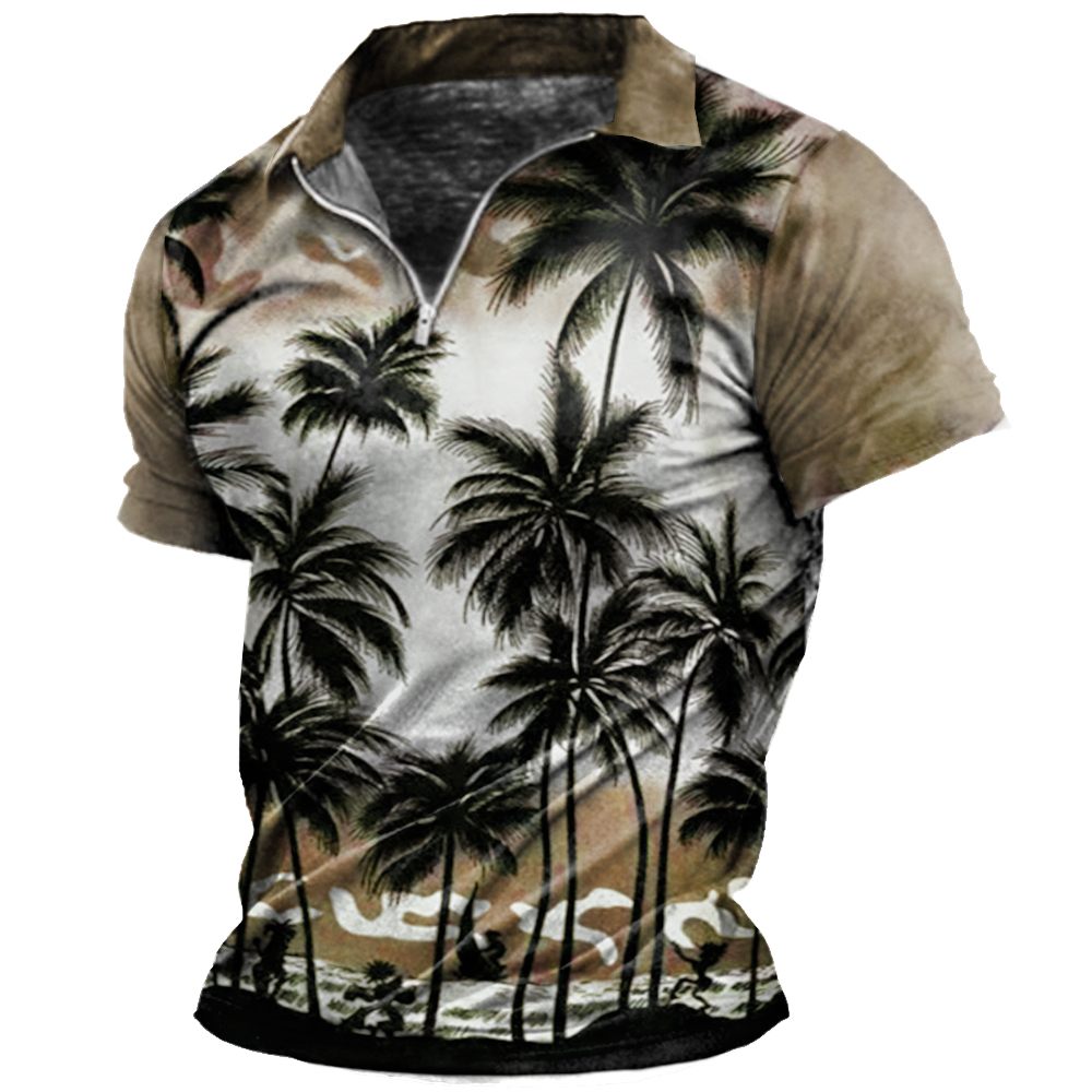Men's Outdoor Summer Beach Chic Coconut Print Zip Polo Neck T-shirt