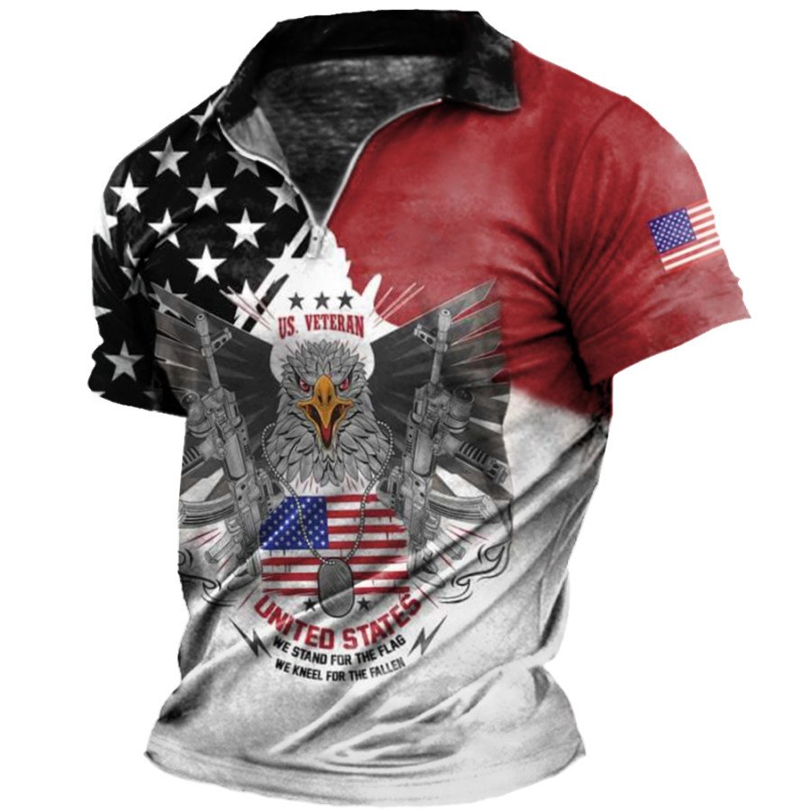 

Men's American Flag Eagle Print Zip Polo Neck T-Shirt