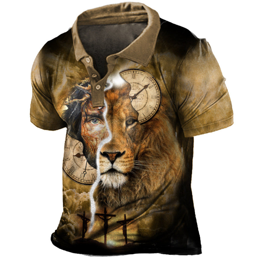 

Men's Lion Jesus Cross Print Polo Neck T-Shirt