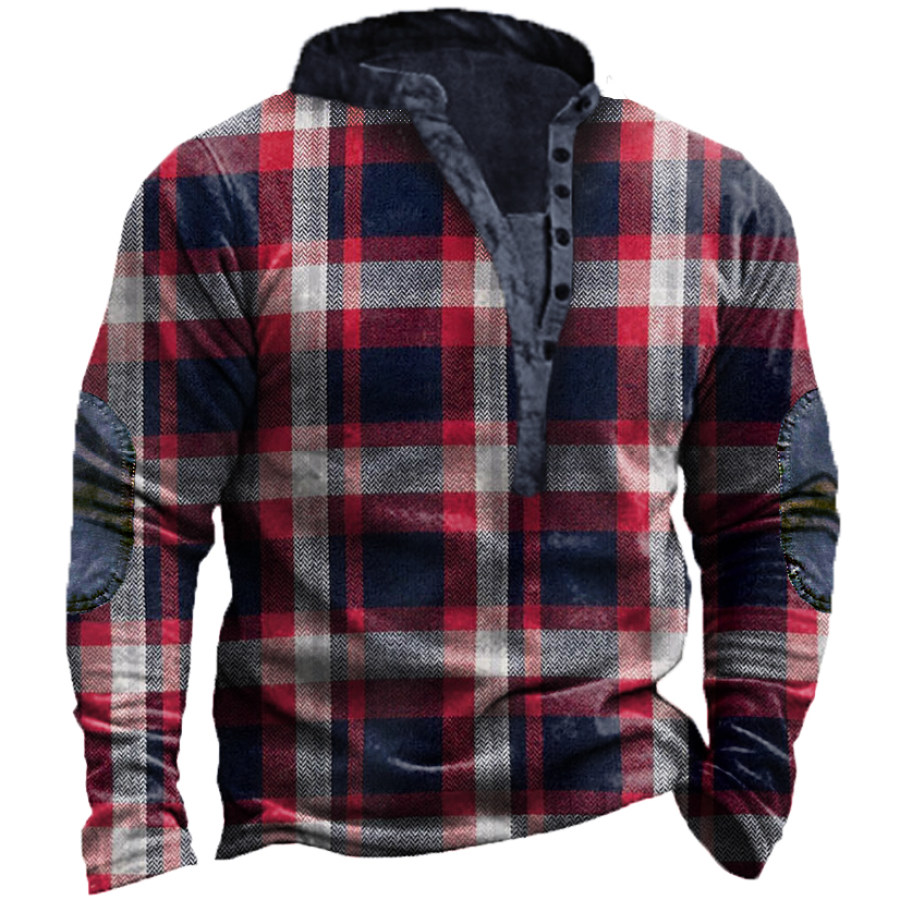 

Men's Outdoor Vintage Check Print Long Sleeve Henley T-Shirt