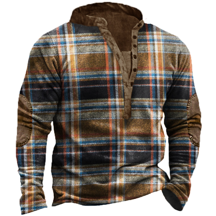 

Men's Outdoor Vintage Check Print Long Sleeve Henley T-Shirt