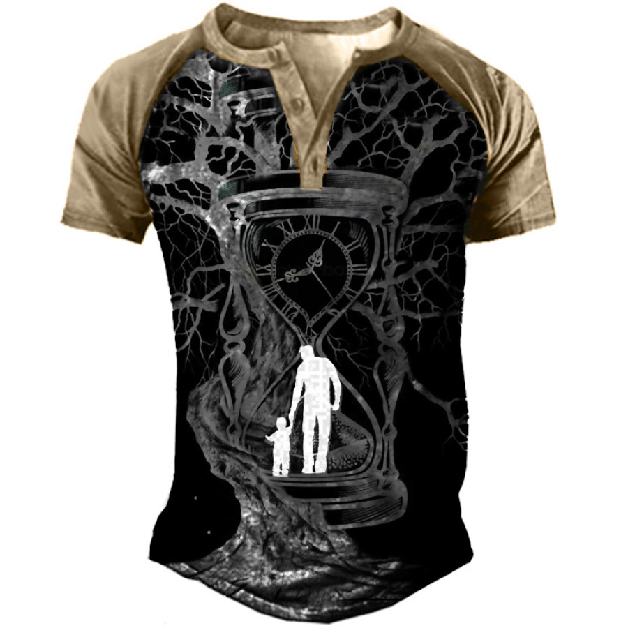 

Men's Dad And Son Time Hourglass Tree Rattan Henley Collar T-Shirt