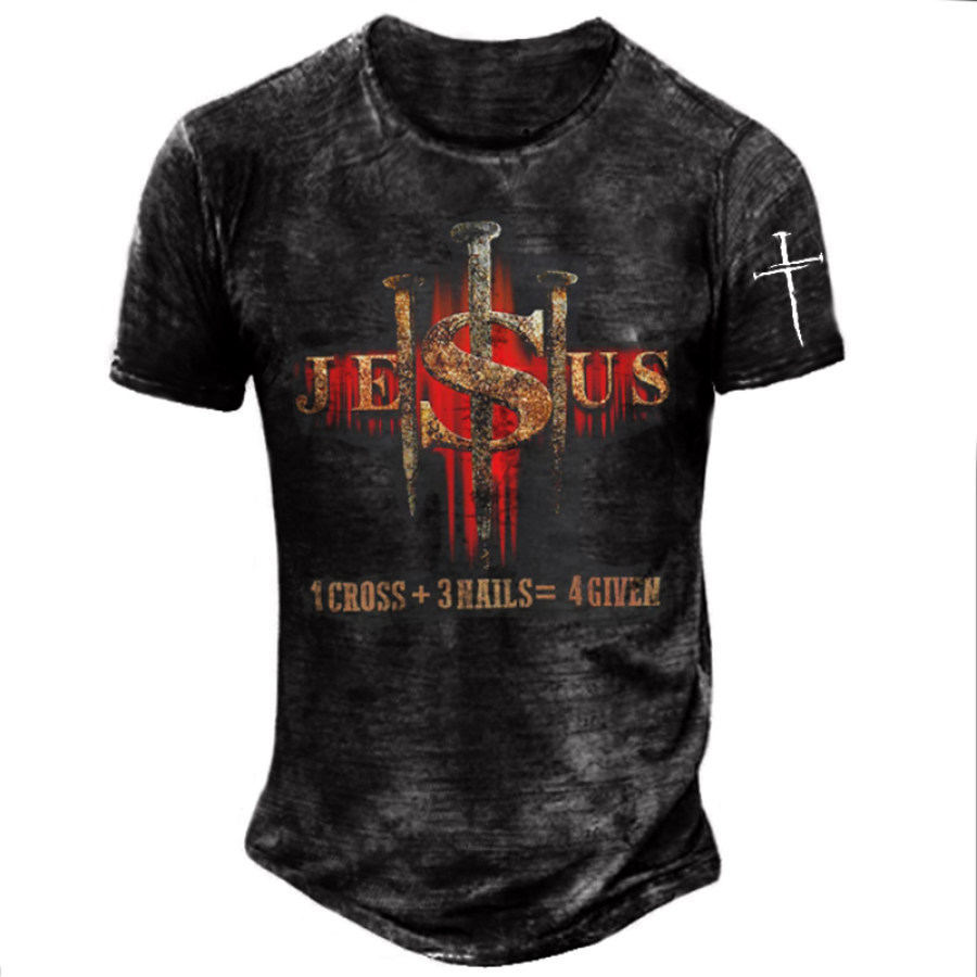 

1Cross 3Hails 4Given Men's Vintage Jesus Faith Graphic Print T-Shirt